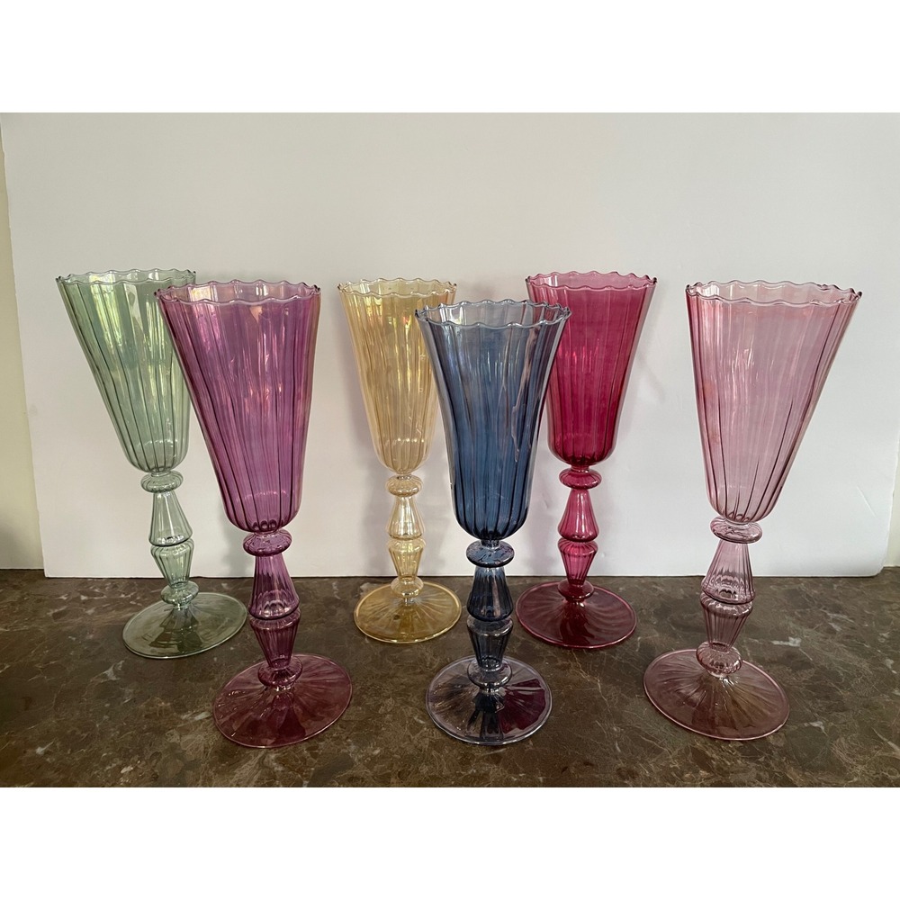 6 Handblown Venetian Murano Glass Iridescent Ribbed Champagne Flutes Multicolor - Picture 10 of 16